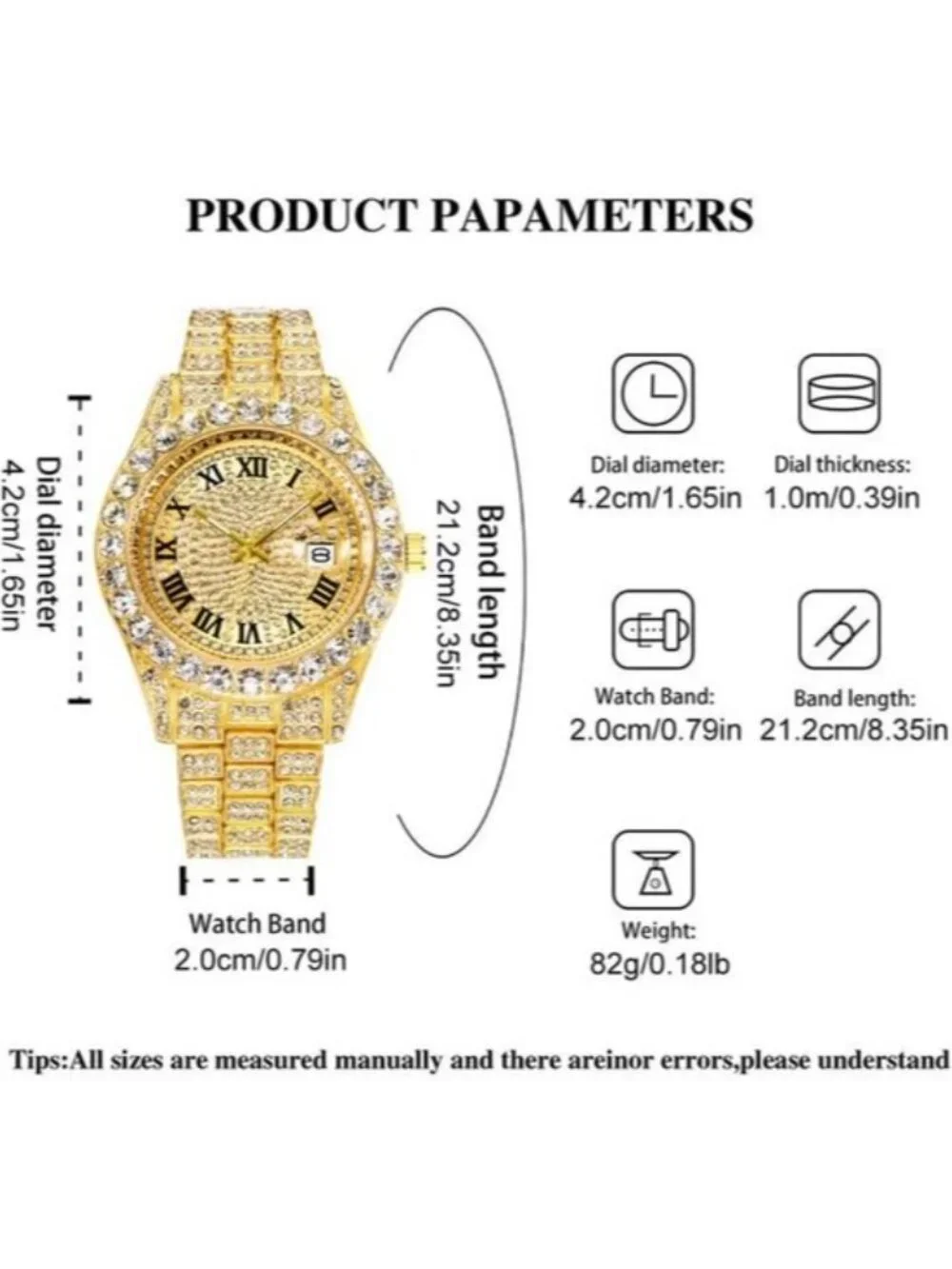 Men's Gold Iced Out Hip Hop Watch Luxury Quartz Skeleton Dial Date Window